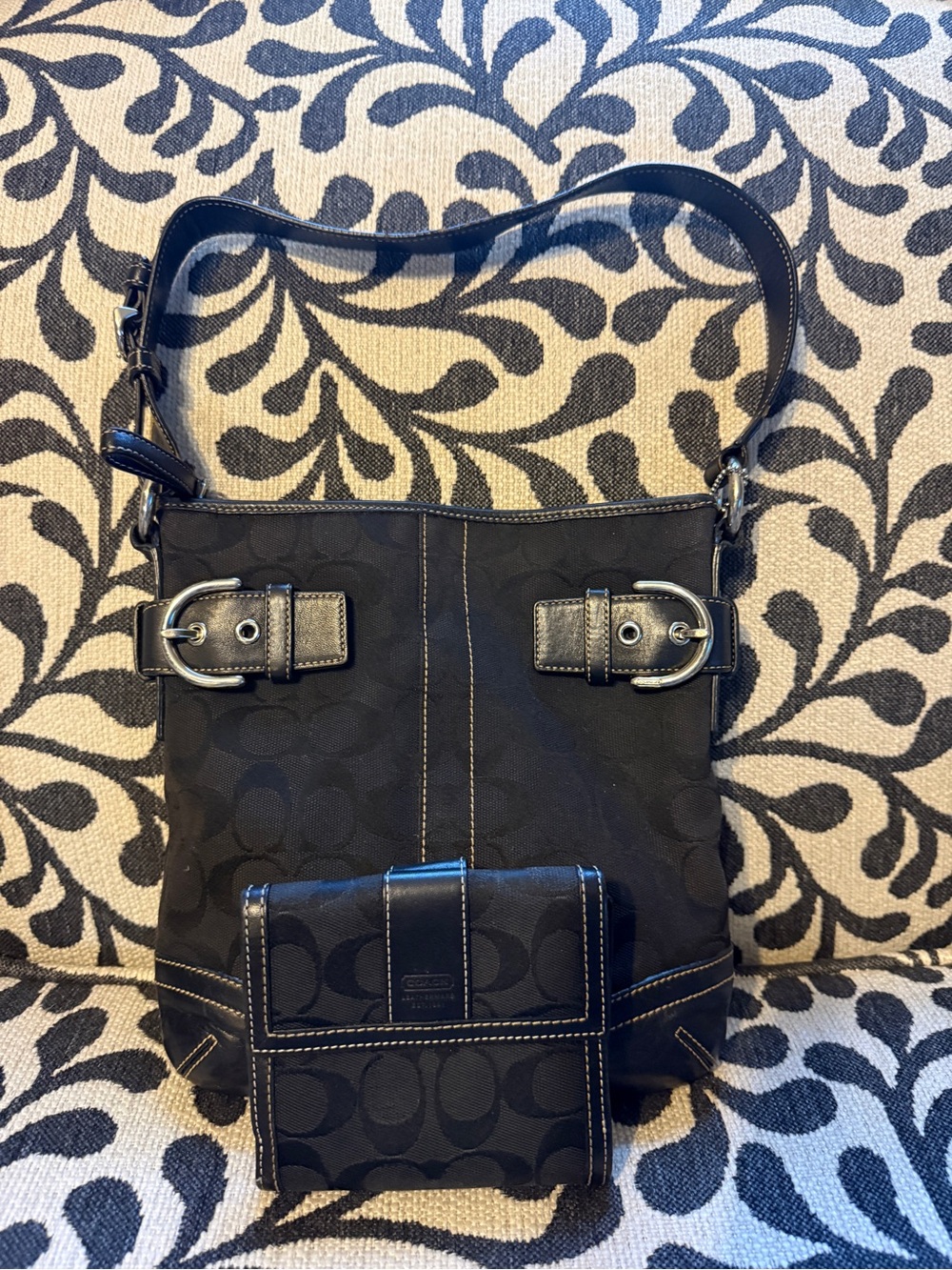 Coach Black Signature Canvas Shoulder Bag with Matching Wallet